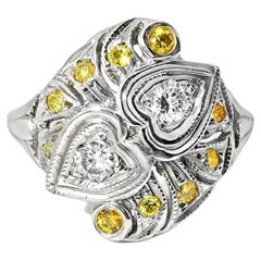 14K White Gold Filigree Yellow Diamond Hearts Heart Ring Band