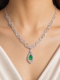 14K White Gold Filigree Emerald Diamond Necklace