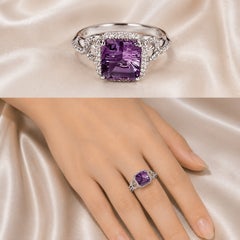 14K White Gold Micro Pave Diamond Amethyst Ring