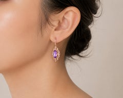 14K Pink Rose Gold Art Deco Diamond & Amethyst Drop Dangle Earrings