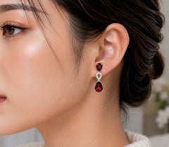 14K White Gold Garnet Diamond Drop Earrings Estate