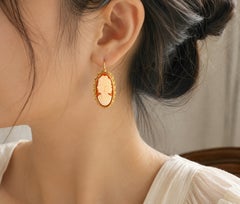 14K Yellow Gold Shell Cameo Drop Antique Estate Earrings