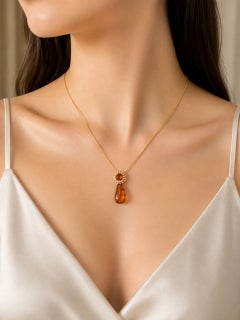 14K Rose Gold Amber Orange Citrine Seed Pearl Pendant Necklace