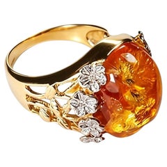 14K Two Tone Gold Cabochon Amber Diamond Floral Ring Band