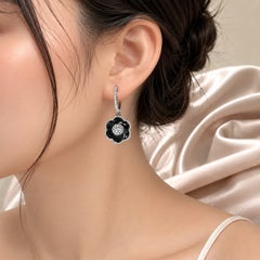 14K Black Gold Pave Diamond Flower Drop Earrings