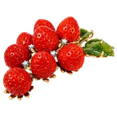 14K Gold Designer Carved Red Coral Strawberry Diamond Brooch Pendant