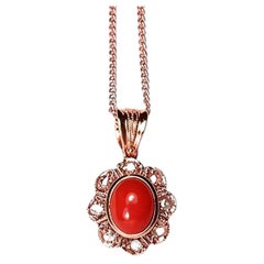 14K Pink Rose Gold Diamond Undyed Red Coral Floral Pendant
