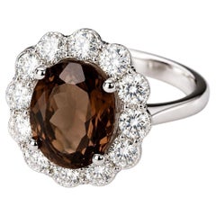 14K White Gold Huge Smokey Quartz Diamond Ring Band