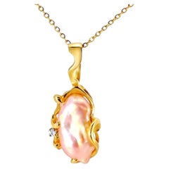 14K Yellow Gold Pink Baroque Pearl Diamond Pendant