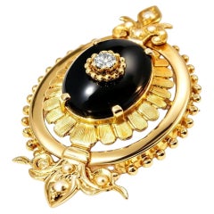 14K Yellow Gold Victorian Onyx Diamond Seed Pearl Pendant Brooch Pin