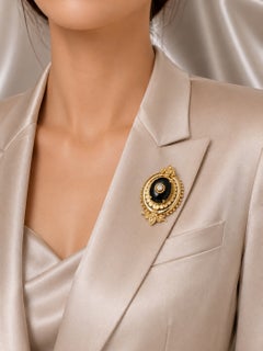 14K Yellow Gold Victorian Onyx Diamond Seed Pearl Pendant Brooch Pin