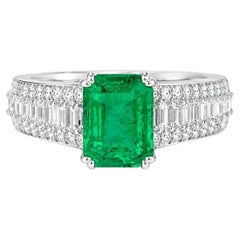 14K White Gold Colombian Emerald Baguette Diamond Cocktail Ring