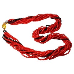 18K Yellow Gold Clasp Onyx Red Undyed Coral Strand Necklace