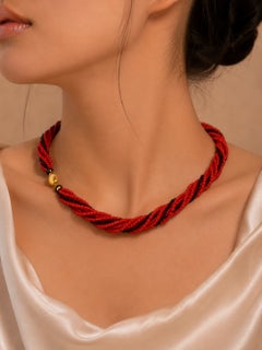 18K Yellow Gold Clasp Onyx Red Undyed Coral Strand Necklace