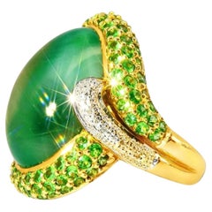 14K Gold Cabochon Green Amethyst Tsavorite Pave Diamond Ring