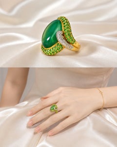 14K Gold Cabochon Green Amethyst Tsavorite Pave Diamond Ring