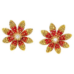 14K Yellow Gold Diamond Red Sapphire Flower Stud Earrings Studs