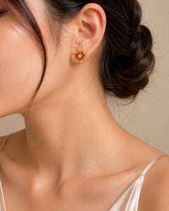 14K Yellow Gold Diamond Red Sapphire Flower Stud Earrings Studs