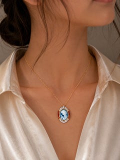 18K Yellow Gold Blue Agate Carnelian Diamond Cameo Pendant