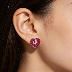 Designer-Herz-Ohrstecker aus 14-karätigem Weißgold mit Rubin und Diamanten