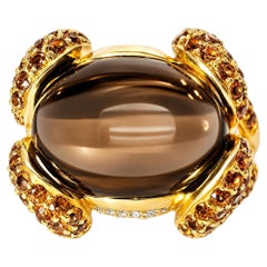 14K Yellow Gold Diamond Cabochon Smokey Quartz Sapphire Ring