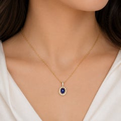 14K Yellow Gold Cabochon Sapphire Diamond Pendant Necklace