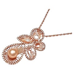 18K Rose Gold Champagne Diamond Pearl Pendant Necklace