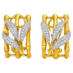 14K Yellow Gold Diamond Bamboo Shoot Leaf Designer Earrings
