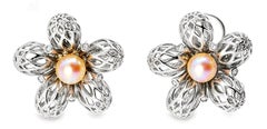 14K White Gold Pearl Diamond Filigree Lace Floral Earrings