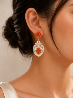 18K Gold Carved Cameo Red Coral Undyed Drop Earrings
