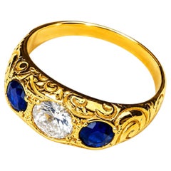 14K Yellow Gold Diamond Sapphire Wedding Ring Band Antique Estate