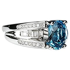 14K White Gold Blue Topaz Baugette Diamond Ring Band