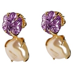 14K Gold Amethyst Baroque Pearl Earrings Estate