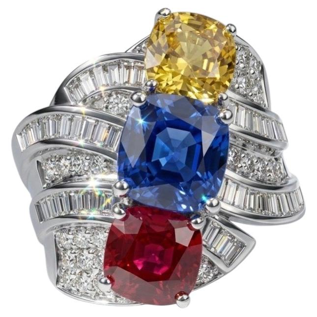 Sculptural Cocktail Ring in 18k White Gold with Three Multicolored Sapphires and a Diamond For Sale