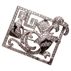 "Art Deco" Brooch in 18K White Gold with 5.12 Ct Diamonds and Enamel