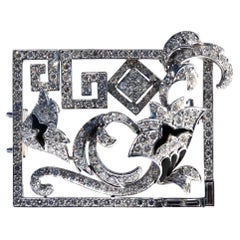"Art Deco" Brooch in 18K White Gold with 5.12 Ct Diamonds and Enamel