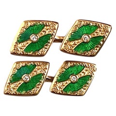 Fratelli Coppini 18K Gold, Green Enamel, and Diamond Double-Sided Cufflinks