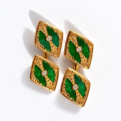 Fratelli Coppini 18K Gold, Green Enamel, and Diamond Double-Sided Cufflinks