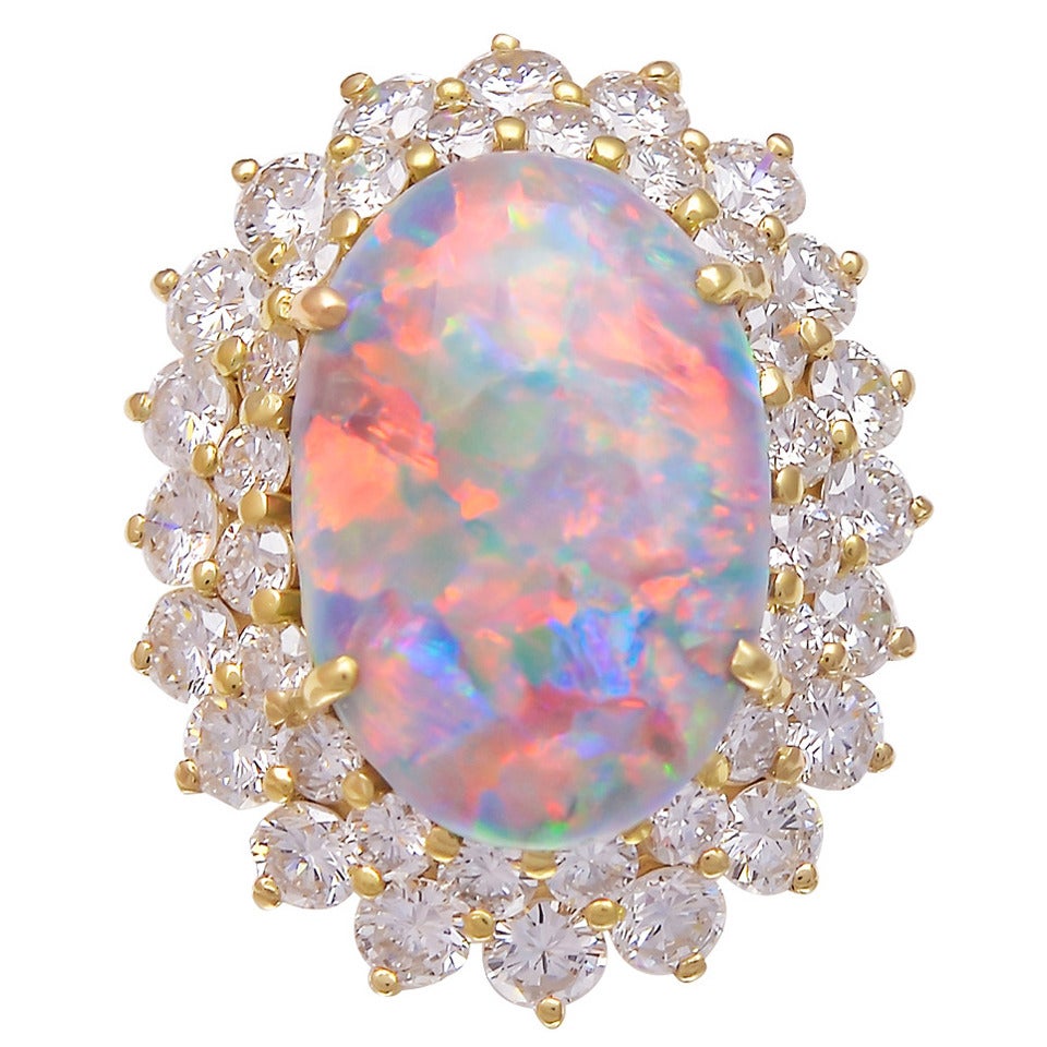 Cabochon Natural Opal Diamond Gold Ring
