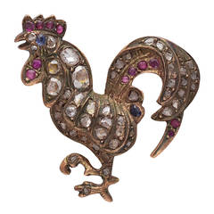 Victorian Ruby Sapphire Rose Cut Diamond Gold Rooster Brooch