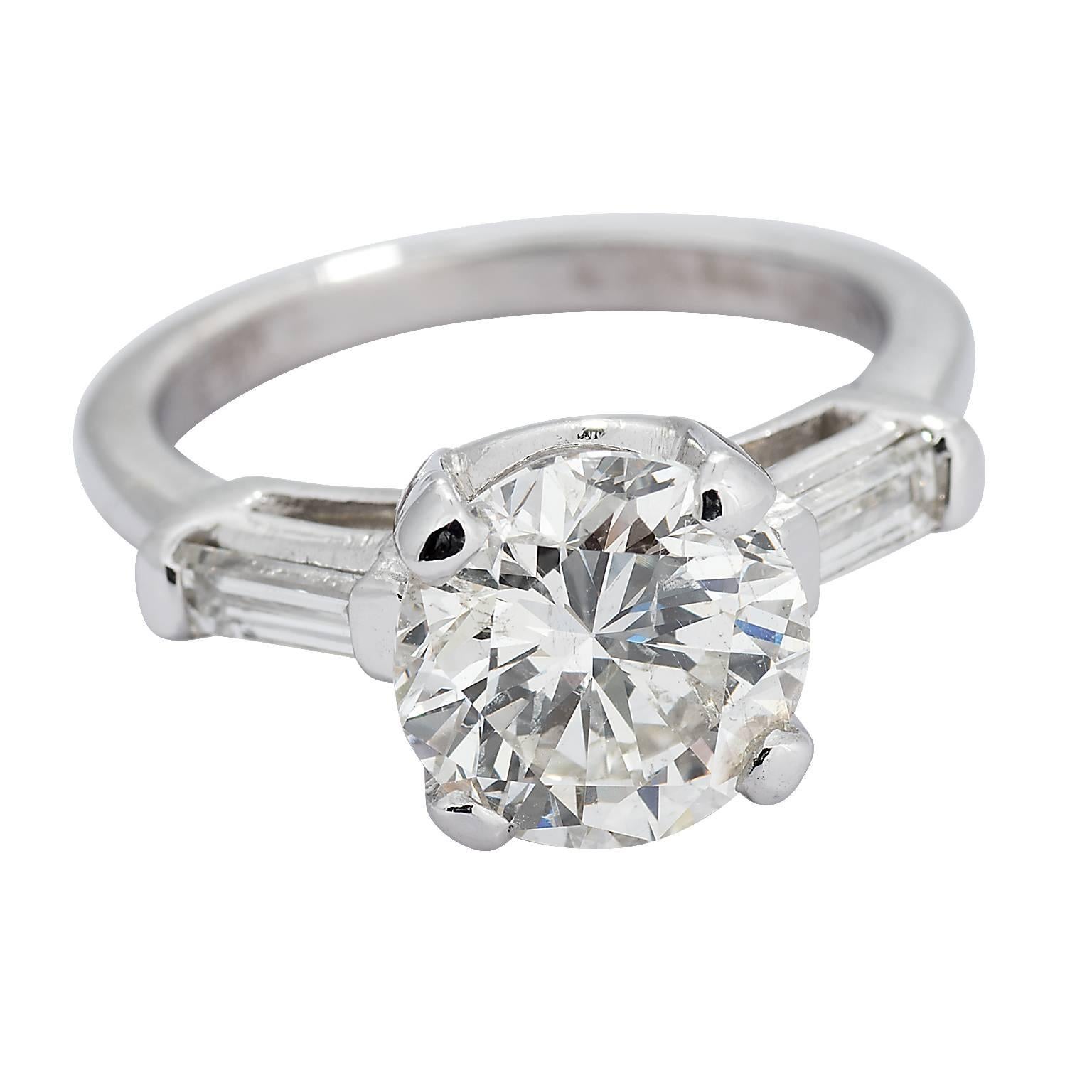 3.11 Carat Round Brilliant Diamond and Baguette Diamond Platinum Ring