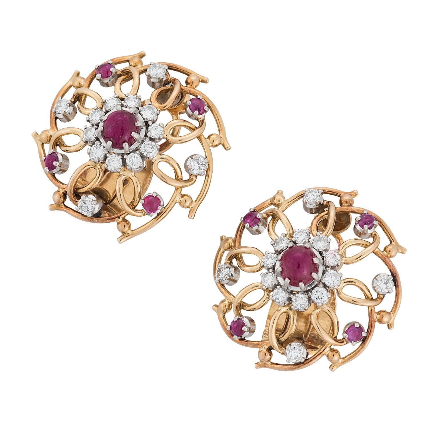 Cabochon Ruby and Diamond Yellow Gold Clip Earrings
