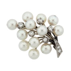Cultured Pearl and Round Diamond White Gold Leaf Brooch