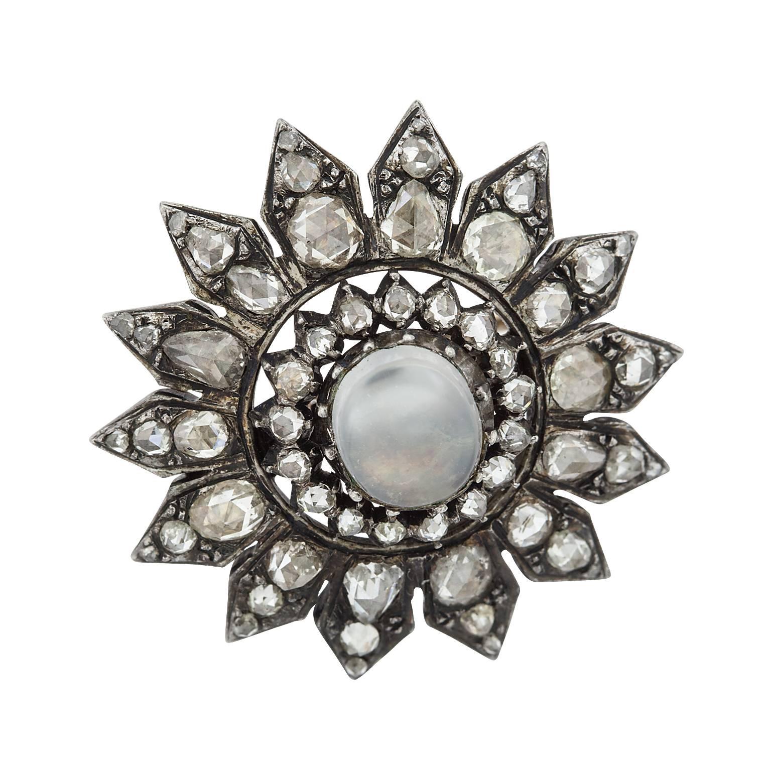 Victorian Era Silver over Gold Cabochon Moonstone and Rose Cut Diamond Brooch
