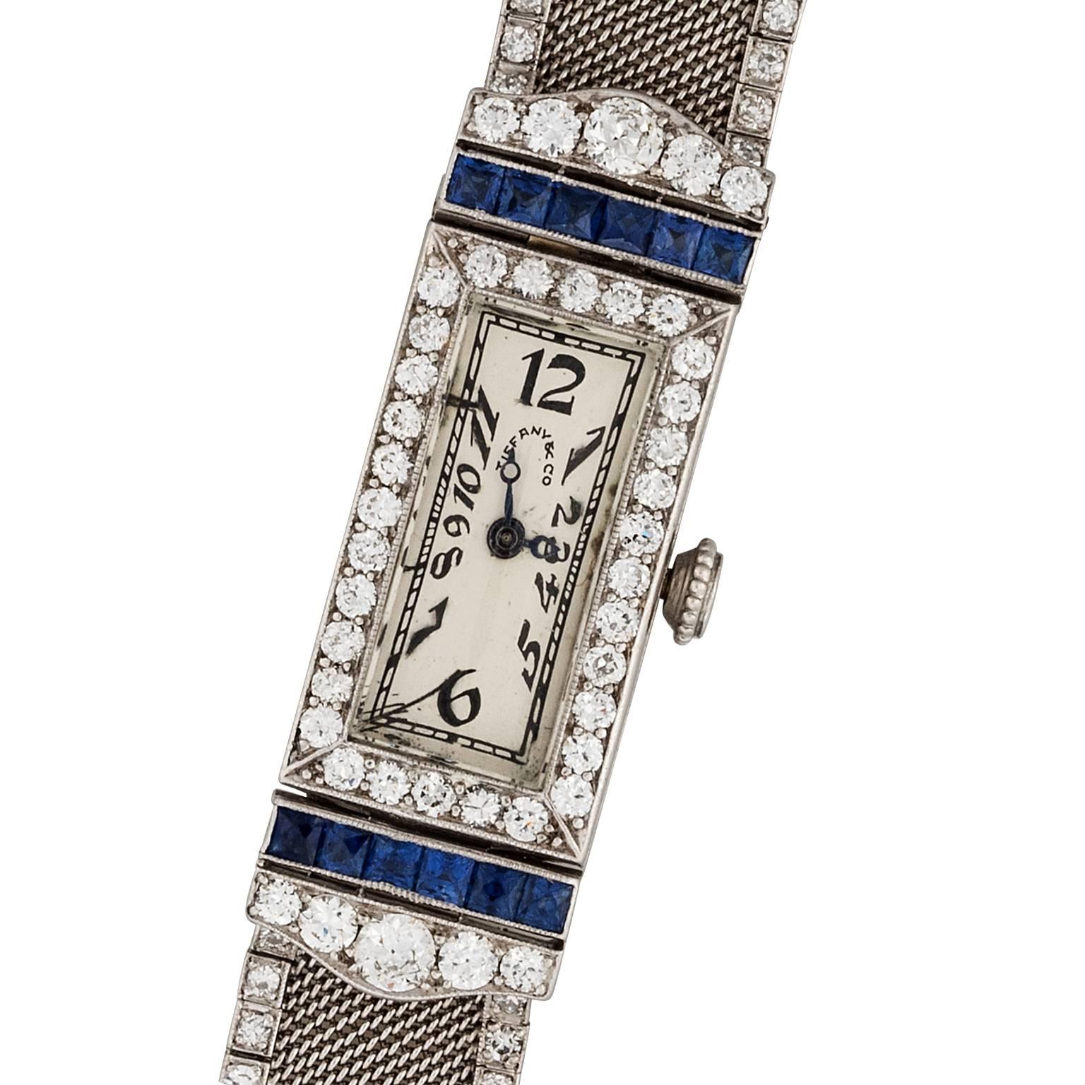 Art Deco Tiffany & Co. Platinum Diamond Sapphire Manual Bracelet Wristwatch