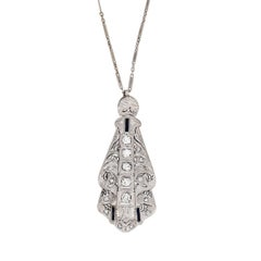 Art Deco Diamond and Sapphire White Gold Pendant Necklace