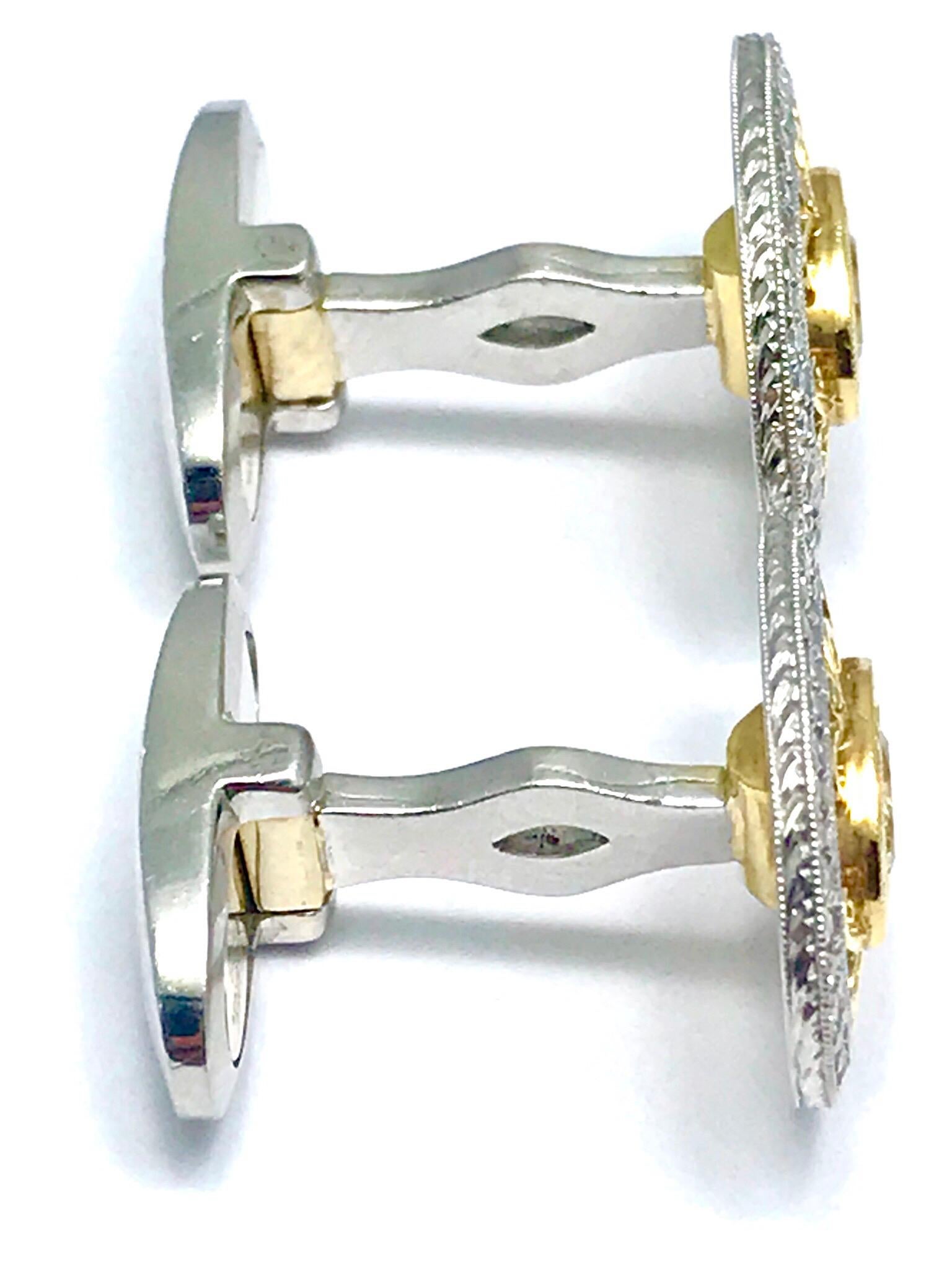 Art Deco Oval Fancy Yellow Diamond Gold Platinum Cufflinks