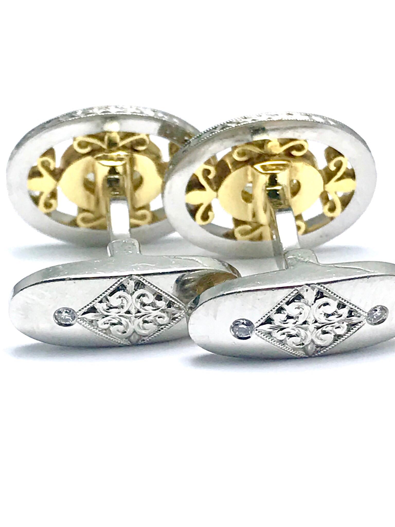 Oval Fancy Yellow Diamond Gold Platinum Cufflinks In Excellent Condition In Chevy Chase, MD