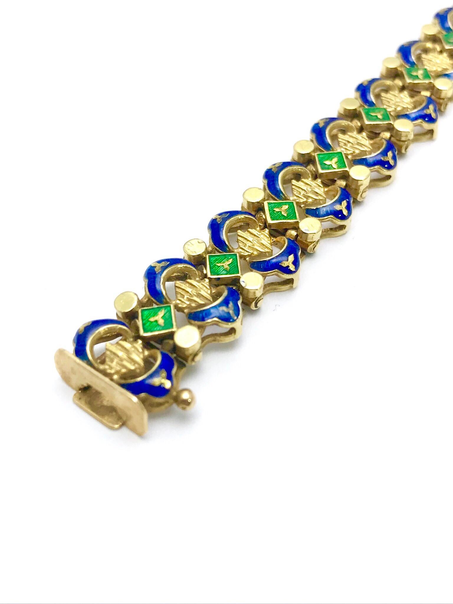 Retro Royal Blue and Shamrock Green Enamel and 18 Karat Yellow Gold Bracelet In Excellent Condition In Chevy Chase, MD
