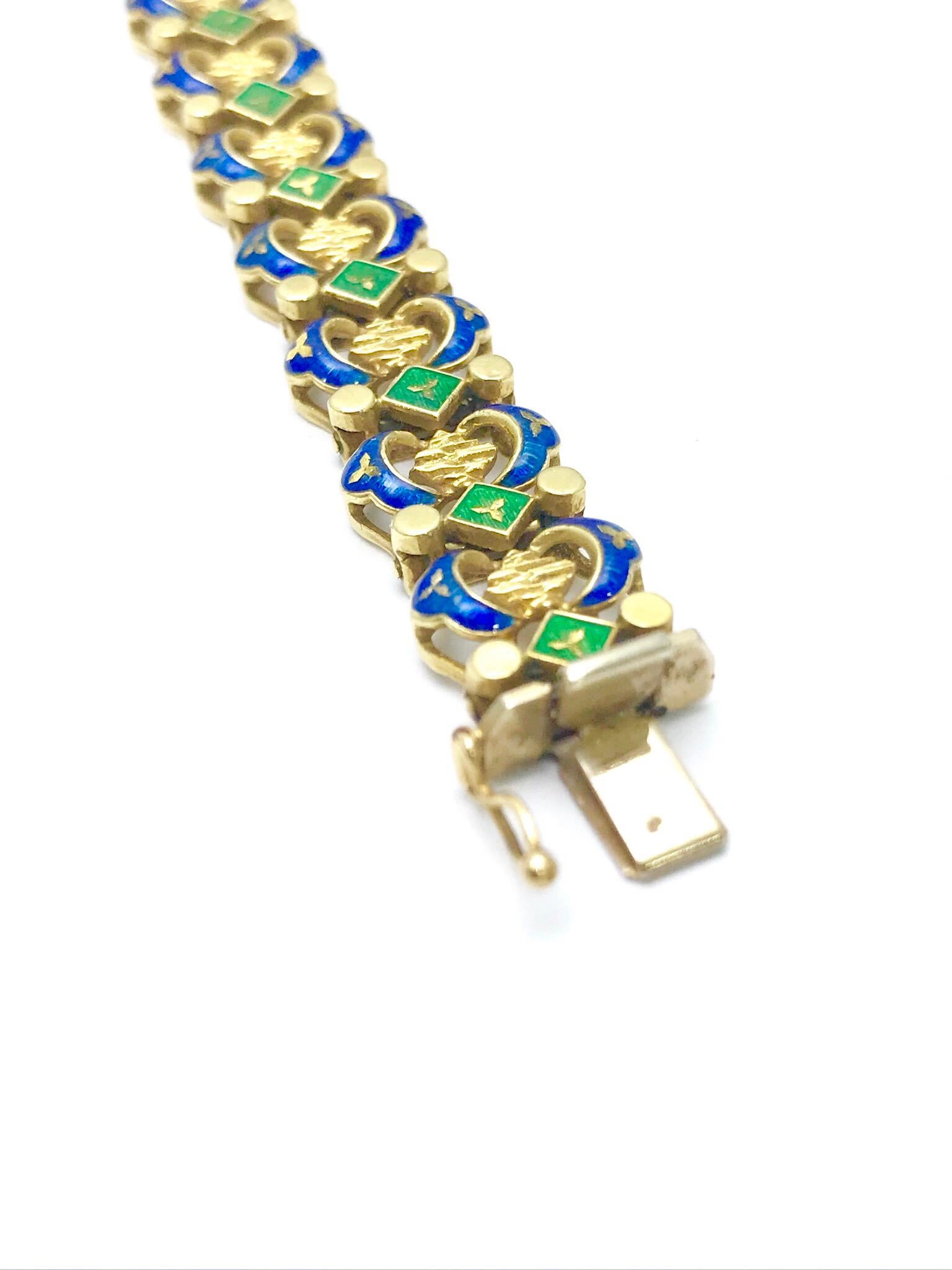 Retro Royal Blue and Shamrock Green Enamel and 18 Karat Yellow Gold Bracelet für Damen oder Herren